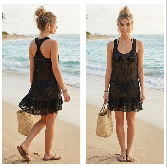 Body Glove Other - Body Glove Semi Sheer Burnout Ruffle Racerback Swim Cover Up Dress Tunic Size L